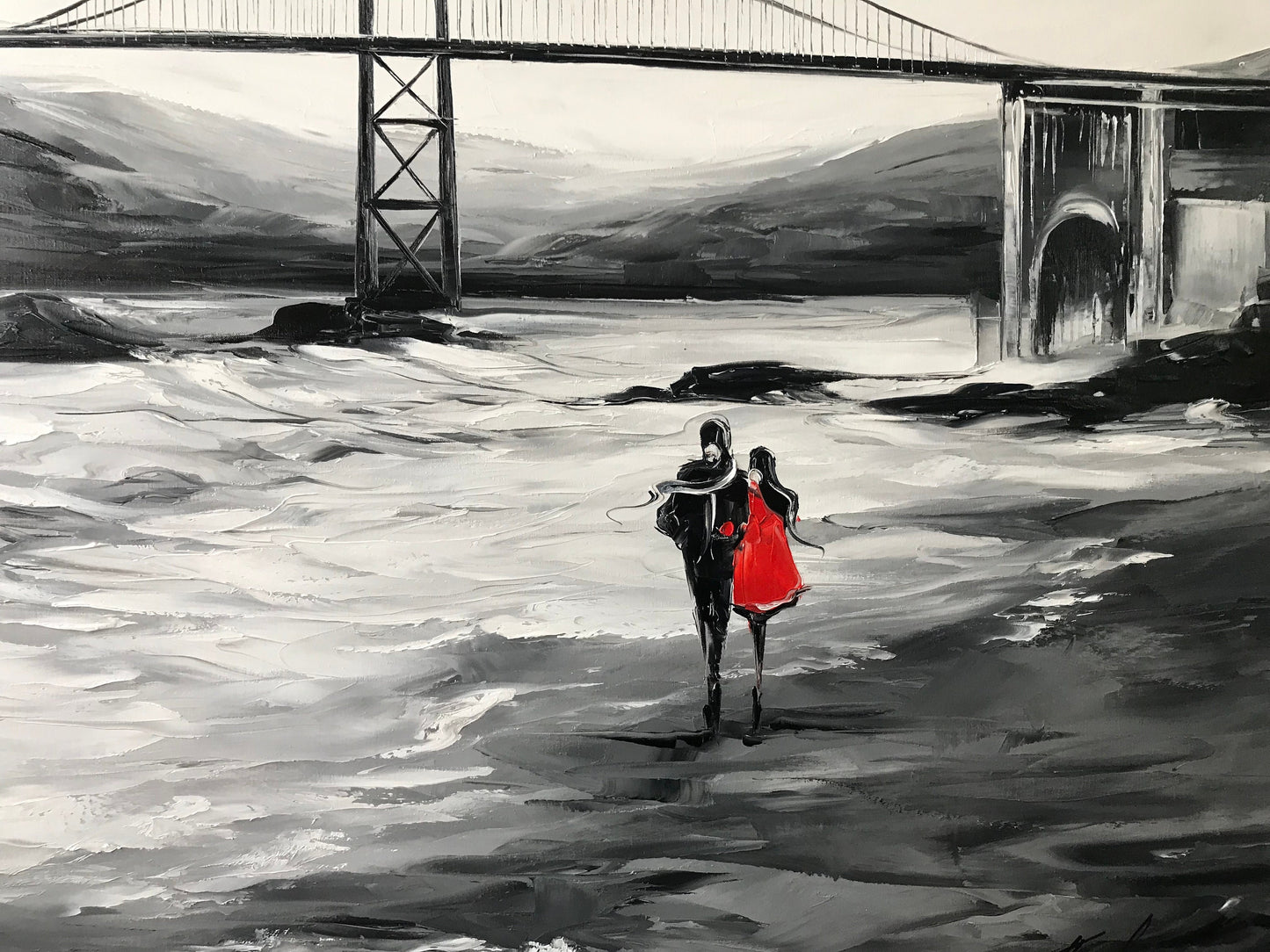 Golden Gate Bridge Painting, San Francisco Art Baker Beach Oil Painting, California Wall Art, Black and White San Francisco Skyline Painting