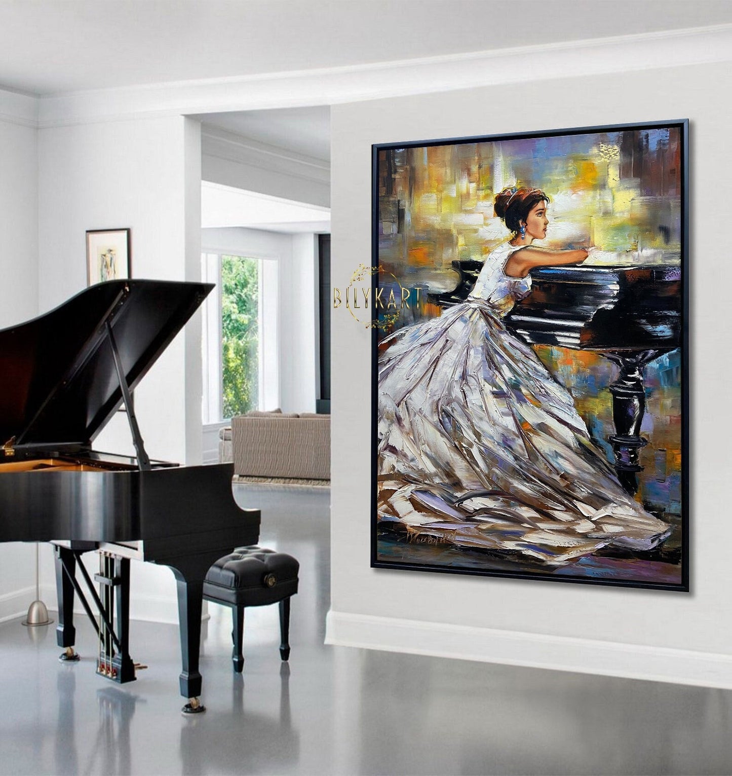 Pianist Painting Girl Grand Piano Wall Art Woman Sitting Art Lady Artwork Abstract Music Oil Painting Piano Gifts For Women Dress Painting