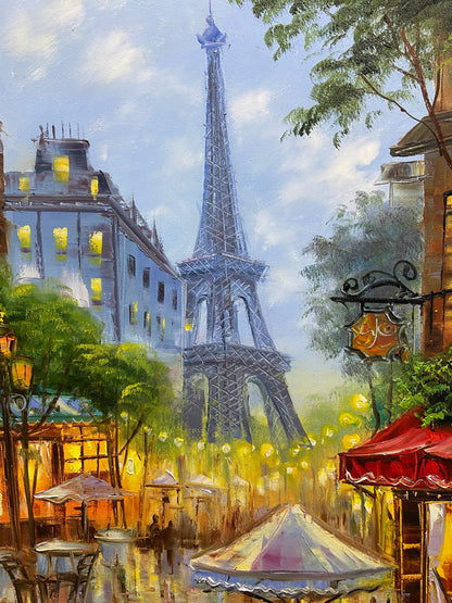 Original Paris Oil Painting Eiffel Tower Art Night City Painting Restaurant Decor Paris Cafe Painting Parisian Art Street Scene Painting