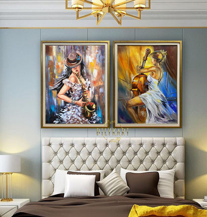 Set of 2 Large Canvas Paintings 2 Piece Wall Art Woman Pair Oil Paintings Diptych Painting Set of 2 Music Anniversary Gift Paintings Set