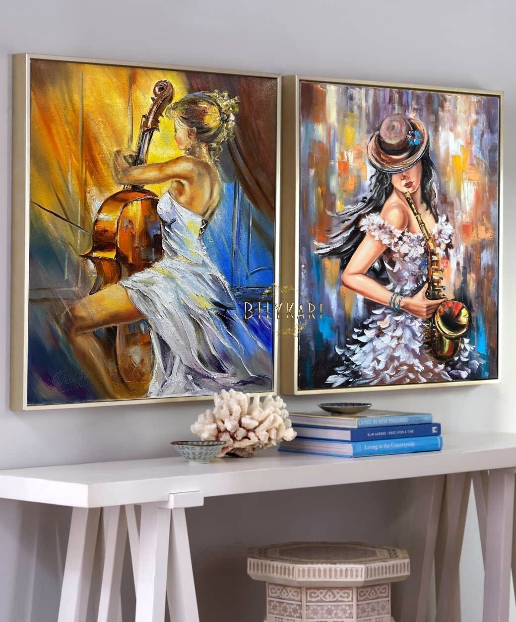 Set of 2 Large Canvas Paintings 2 Piece Wall Art Woman Pair Oil Paintings Diptych Painting Set of 2 Music Anniversary Gift Paintings Set