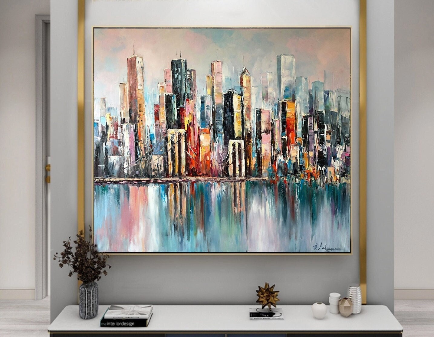 Large New York City Abstract Painting, Urban Cityscape Painting, Extra Large NY Modern Wall Art Decor, City Skyline Abstract Oil Painting