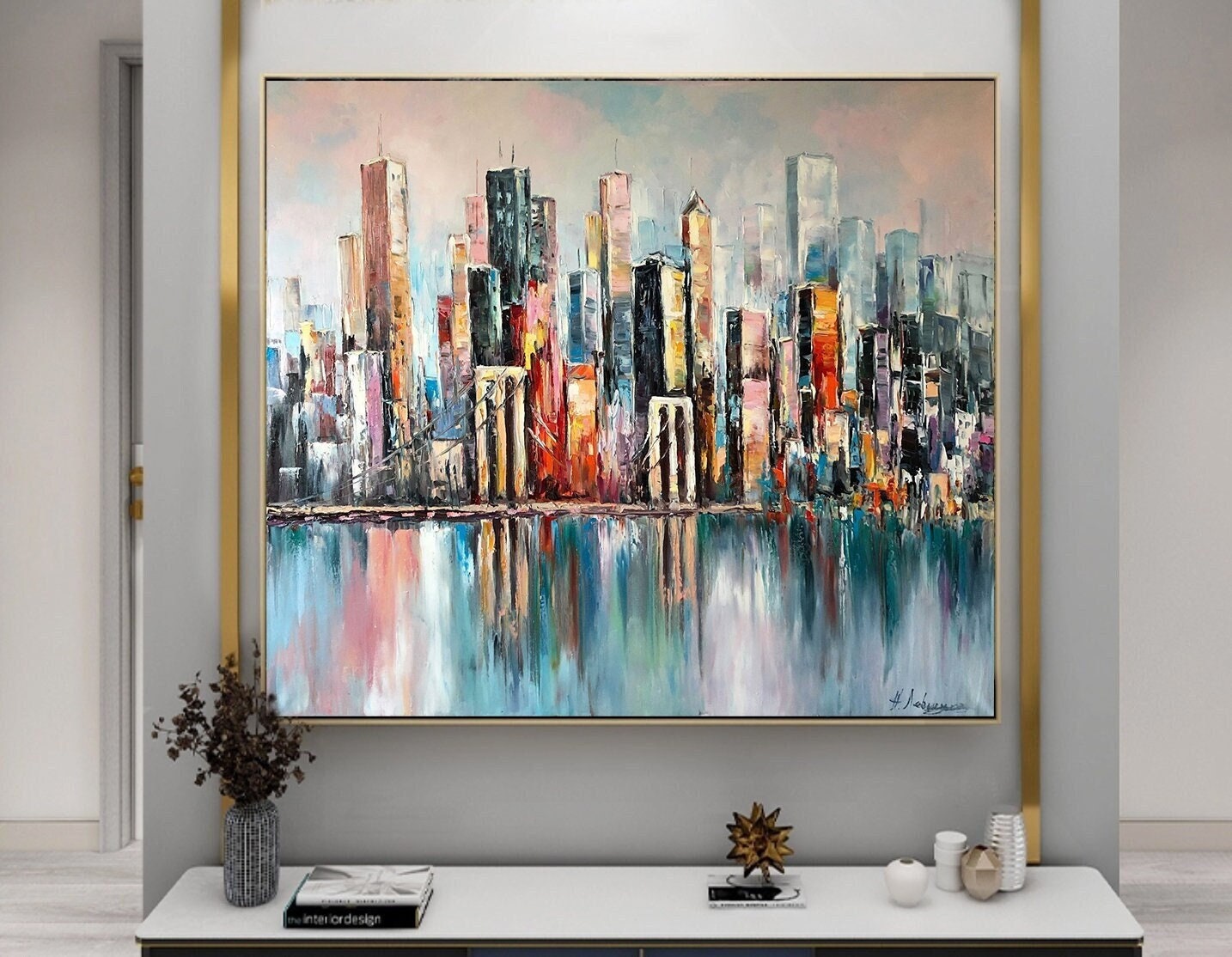 New York City Skyline Abstract Painting Large NYC Framed Wall Art | Manhattan Bridge Urban Landscapes Artwork | City Scapes Art