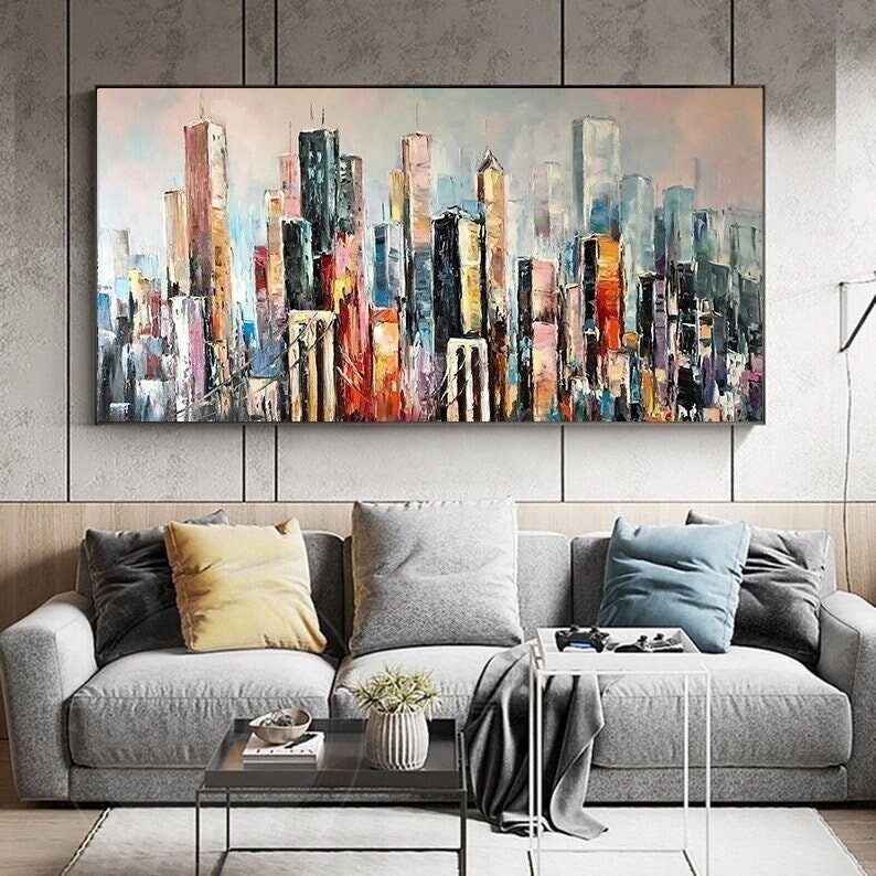 Large New York City Abstract Painting, Urban Cityscape Painting, Extra Large NYC Modern Wall Art Decor, City Skyline Abstract Oil Painting