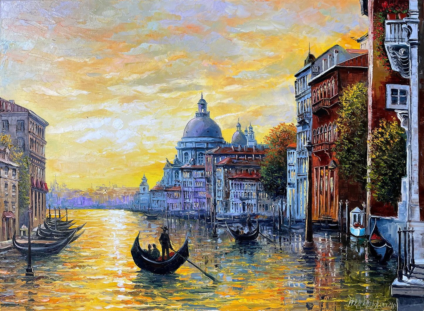 Venice Painting on Canvas Gold Sunset Oil Painting Italy Wall Art Grand Canal Painting Italian Travel Gift Framed Paintings of Venice Italy