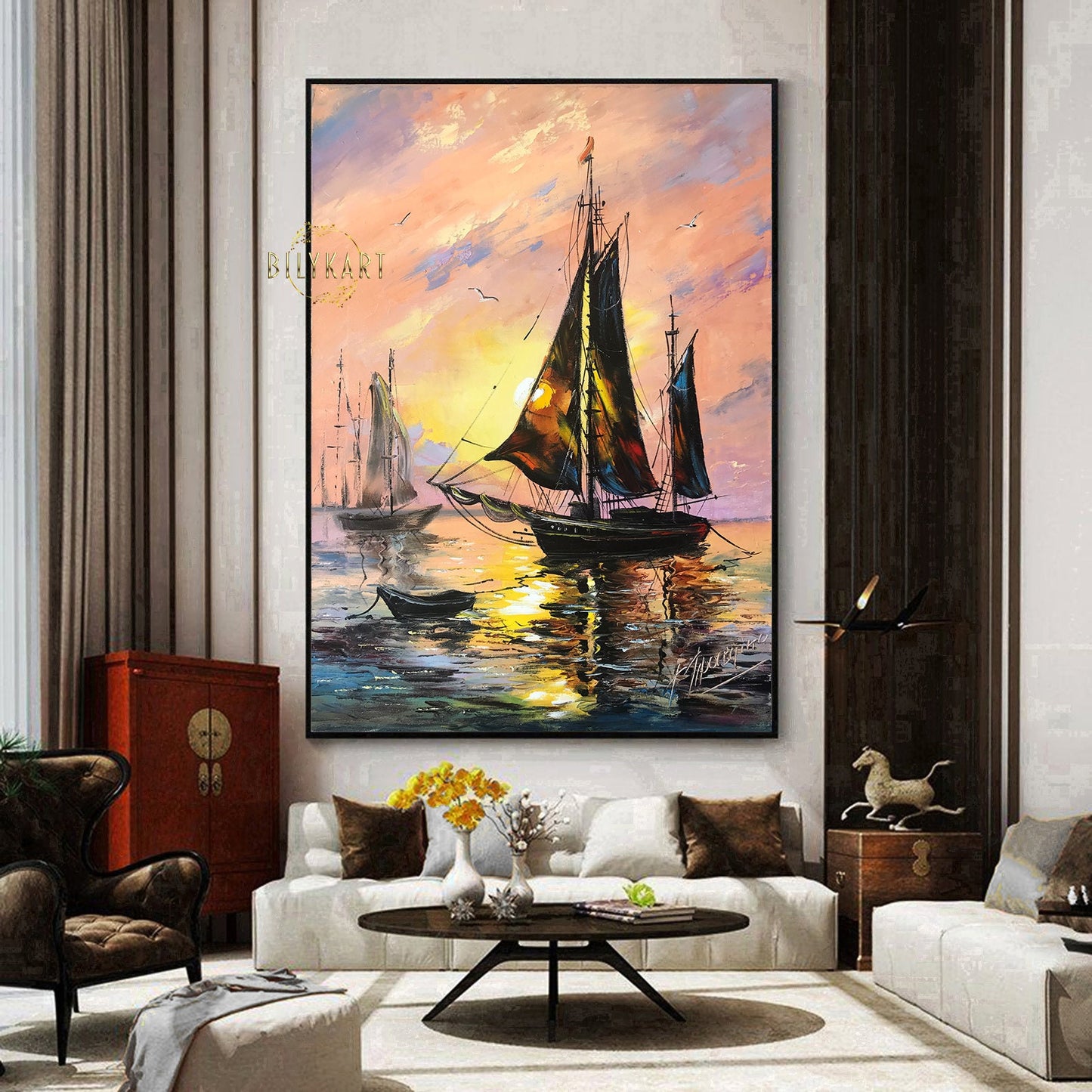 Large Boat Painting Original Sail Boat Wall Art Painting Sailboat in the Ocean Artwork Ocean Sunset Oil Painting on Canvas Ship at Sea Art