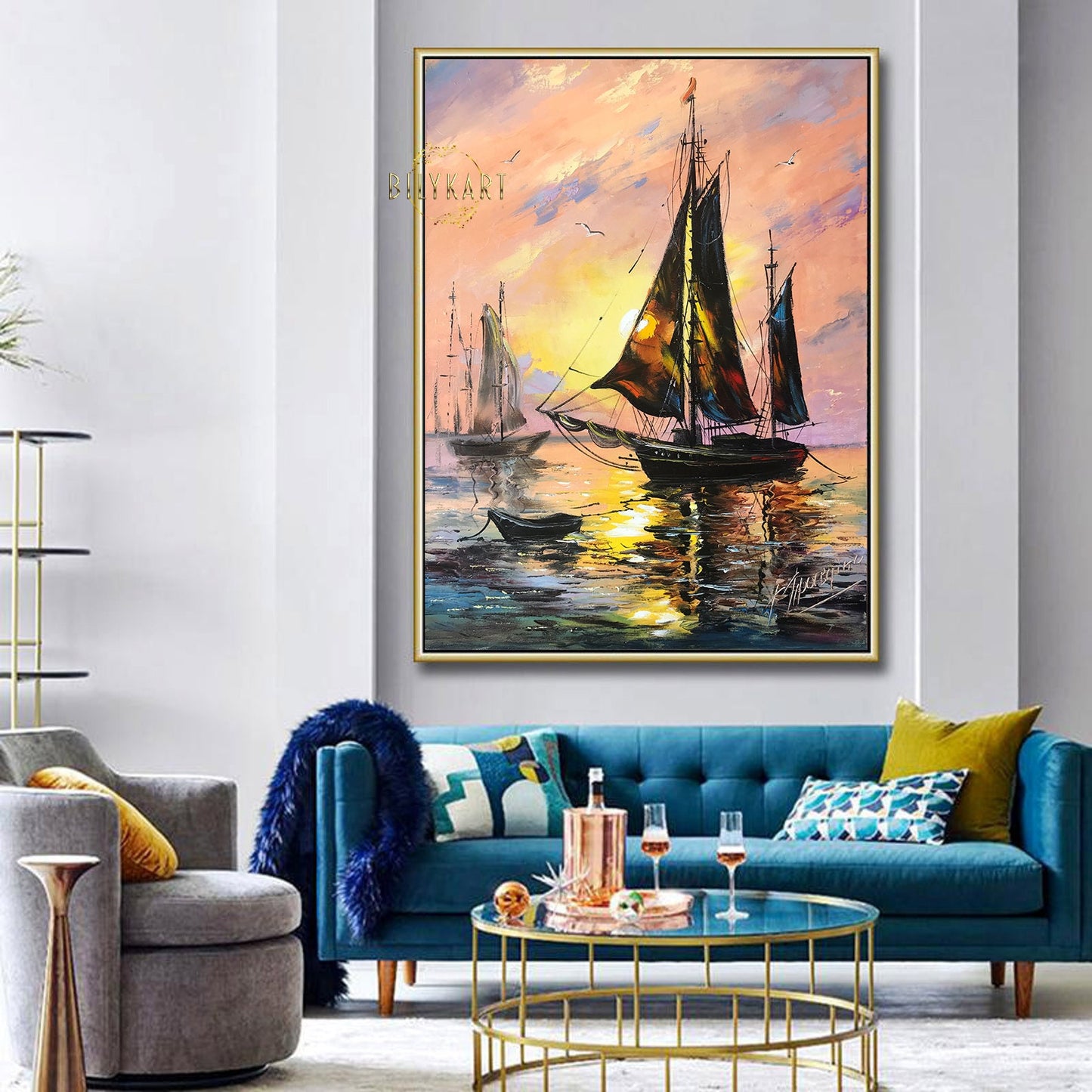 Large Boat Painting Original Sail Boat Wall Art Painting Sailboat in the Ocean Artwork Ocean Sunset Oil Painting on Canvas Ship at Sea Art