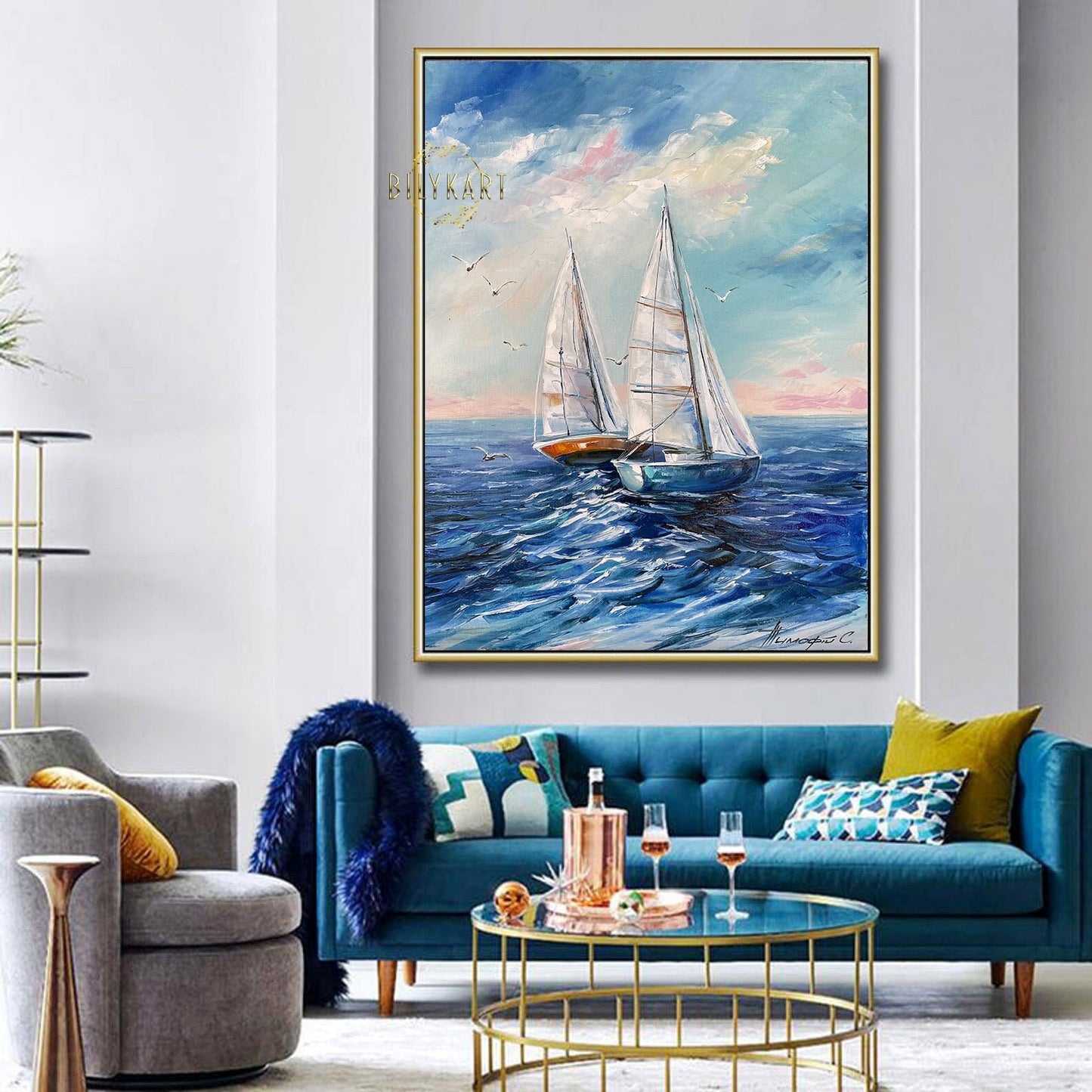 Sailboat Painting Blue Ocean Oil Painting on Canvas Original Ship Art Seascape White Blue Painting Nautical Painting Sailing Boat Wall Art