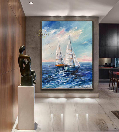 Sailboat Painting Blue Ocean Oil Painting on Canvas Original Ship Art Seascape White Blue Painting Nautical Painting Sailing Boat Wall Art