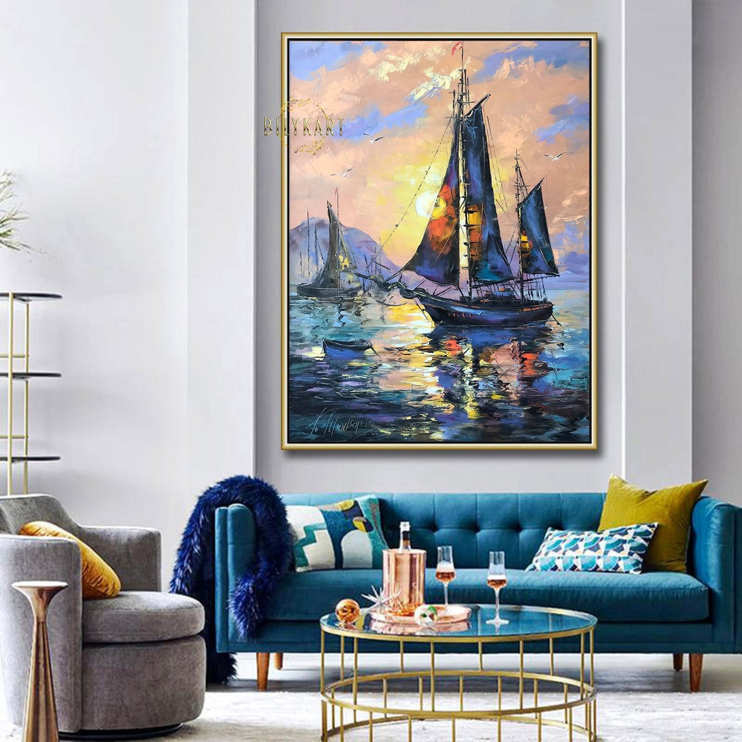 Abstract Sail Boat Oil Painting Original Sailboat Modern Art Large Wall Art Painting Sailboat in the Ocean Oil Painting Ship at Sunset Art