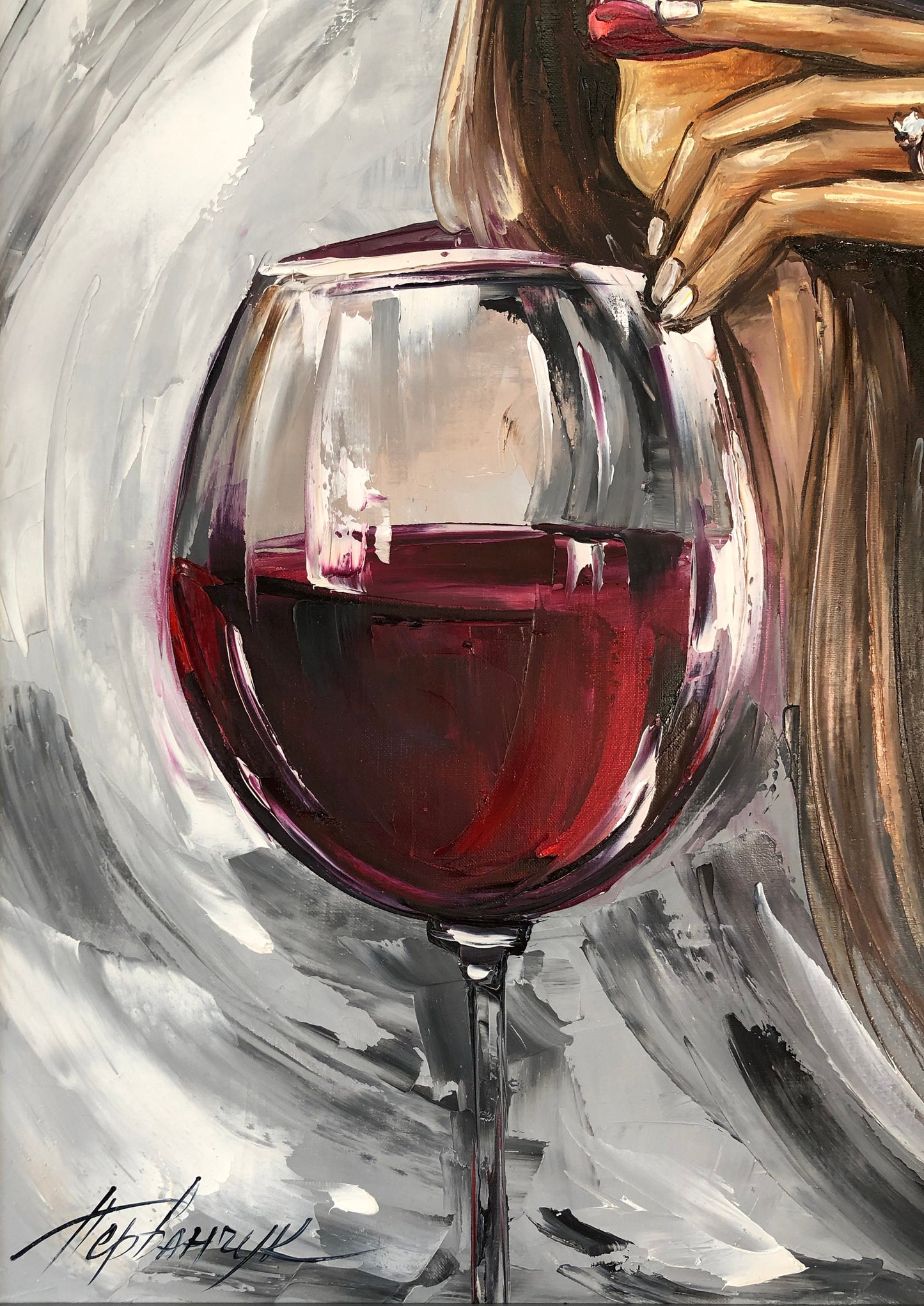 Wine Glasses Art Original Mysterious Woman Painting Red Lips Art Alcohol Painting Modern Room Decor Black Red Wall Art Wine Bar Art Decor