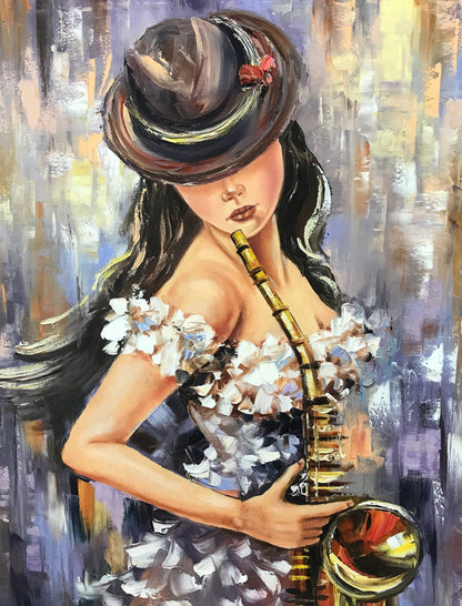 Jazz Painting Original Sax Player Wall Art Girl in Hat Painting Music Fan Gift Musician Artwork 24x36 Modern Saxophone Woman Oil Painting