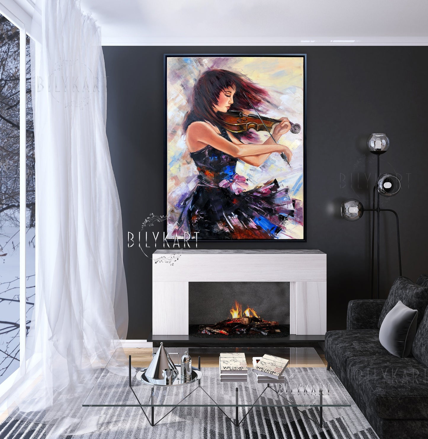 Beautiful Girl Playing Violin Oil Painting Original Violinist Art Violin Lover Gift Dark Blue Painting on Canvas Modern Music Studio Decor