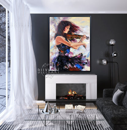 Beautiful Girl Playing Violin Oil Painting Original Violinist Art Violin Lover Gift Dark Blue Painting on Canvas Modern Music Studio Decor