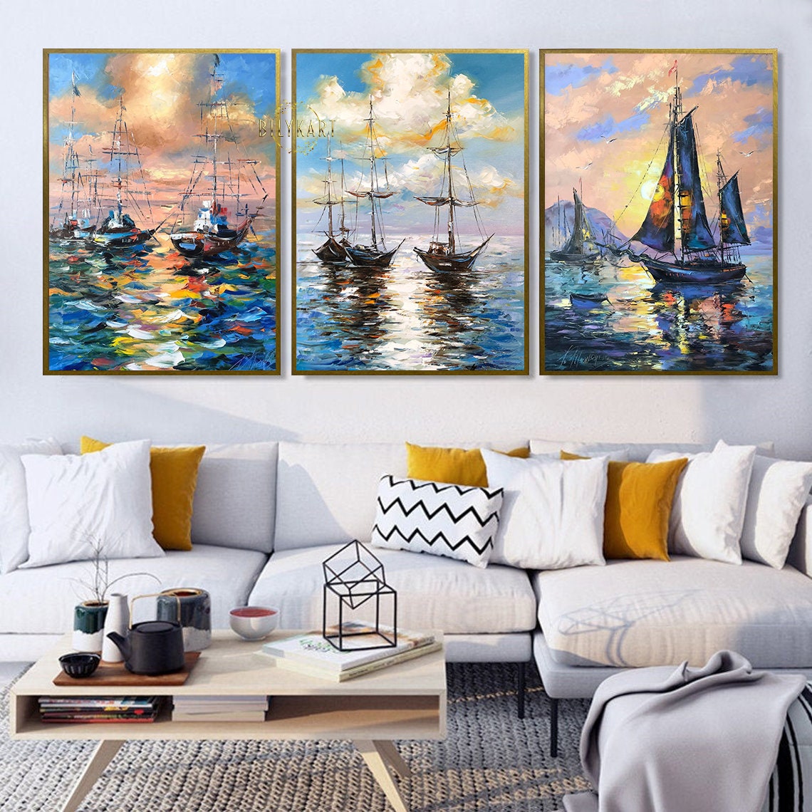 Set of 3 Wall Art Paintings Framed Sailboat Paintings on Canvas Large Sailing Ship Wall Art Sea Sailboat Canvas Art Large 3 Piece Canvas Set