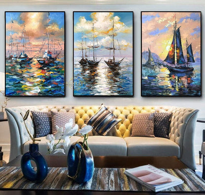 Set of 3 Wall Art Paintings Framed Sailboat Paintings on Canvas Large Sailing Ship Wall Art Sea Sailboat Canvas Art Large 3 Piece Canvas Set