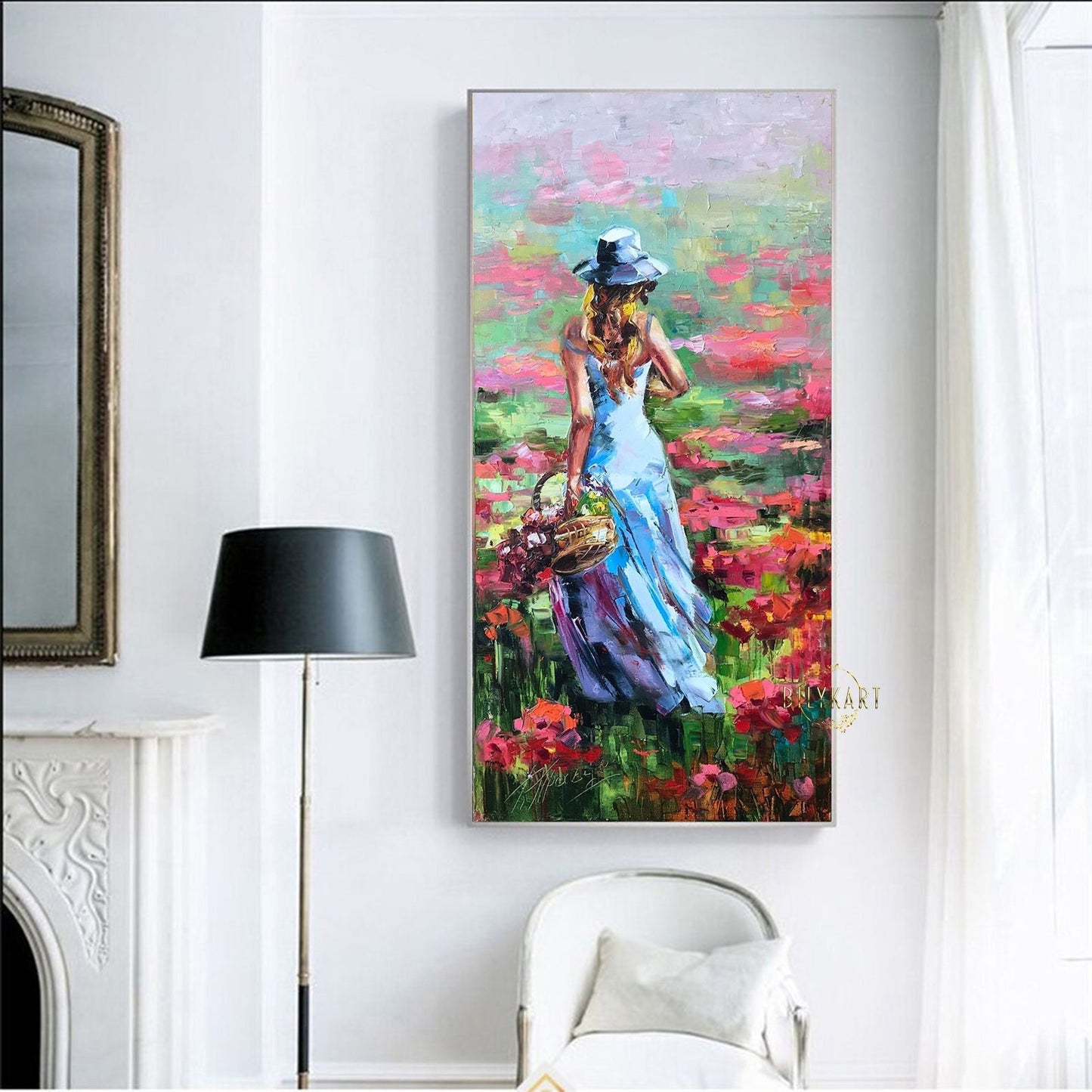 Long Vertical Painting Summer Wall Decor Girl with Flowers Basket Signed Artwork Meadow Oil Painting Gift for Flower Lovers Field Painting