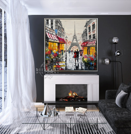 Paris Cafe Oil Painting Original Art Work Romantic Couple Walking Painting 36x36 Gift for Newlyweds Apartment Decor Paris Lovers Painting