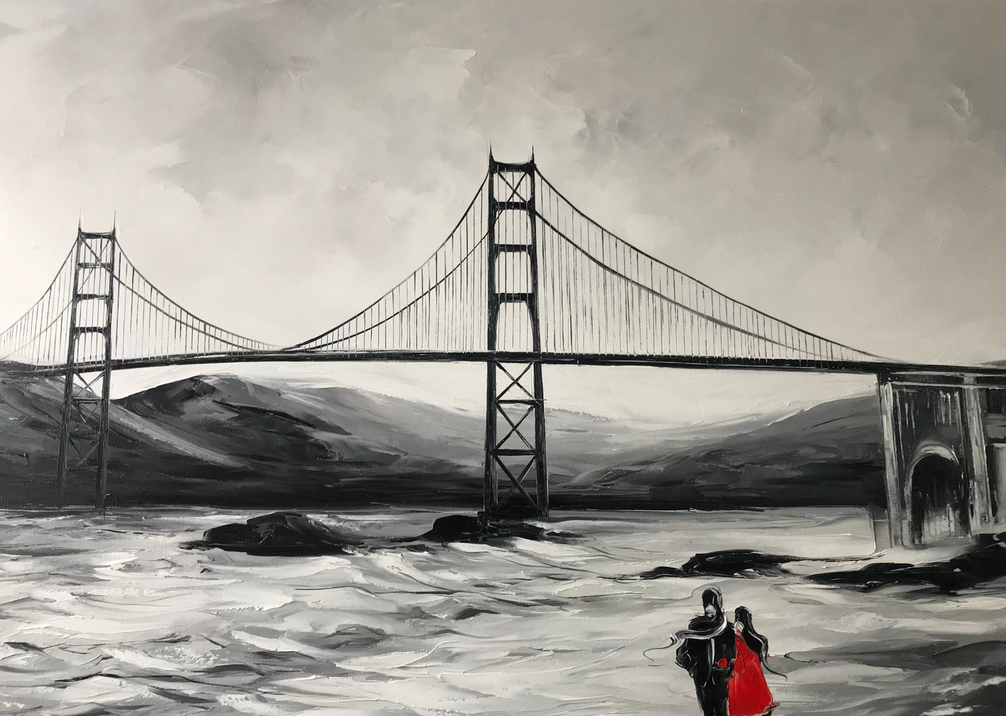 Golden Gate Bridge Painting, San Francisco Art Baker Beach Oil Painting, California Wall Art, Black and White San Francisco Skyline Painting