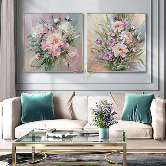 Set of 2 Painting Floral Wall Decor for Salon Flowers Paintings Pink Green Art 30x30 2 Abstract Flower Oil Painting Two Paintings Set 36x36