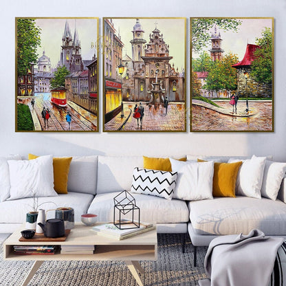 Set of 3 Painting Original European Town Paintings on Canvas Europe City Wall Gallery Set 3 Piece Wall Art Three City Paintings Set 24x36