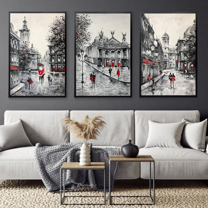 Three Piece Wall Art Black and Red Paintings on Canvas Retro Town Wall Art Lviv Oil Painting Black and White Art Work Old City Paintings Set