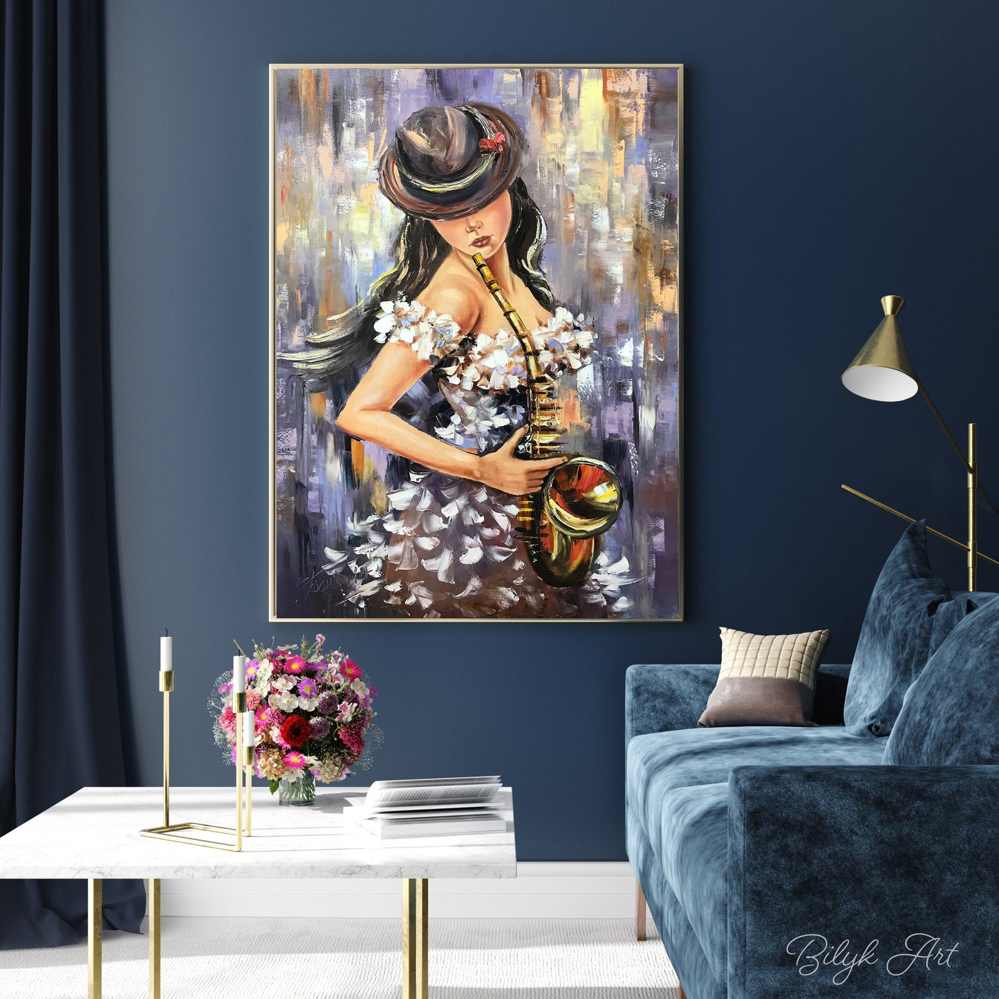 Jazz Painting Original Sax Player Wall Art Girl in Hat Painting Music Fan Gift Musician Artwork 24x36 Modern Saxophone Woman Oil Painting