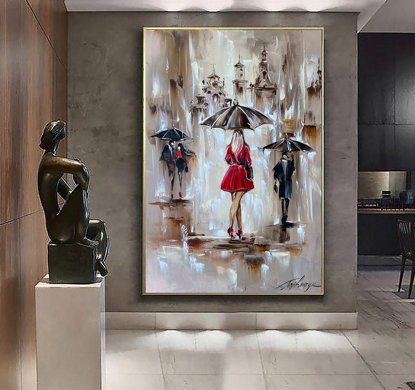 Large Abstract Rain Art Lady in Red Painting Umbrella Art Stylish Hair Salon Wall Decor Extra Large Wall Art Oversized Painting 40x60