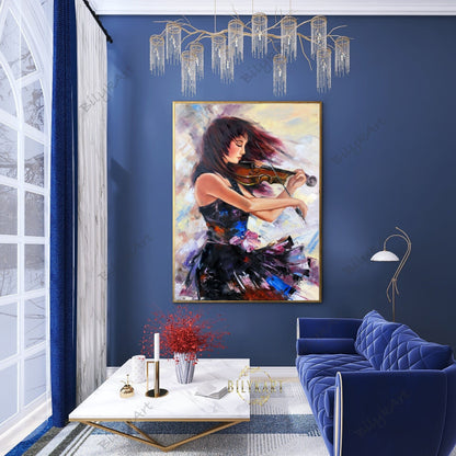 Beautiful Girl Playing Violin Oil Painting Original Violinist Art Violin Lover Gift Dark Blue Painting on Canvas Modern Music Studio Decor