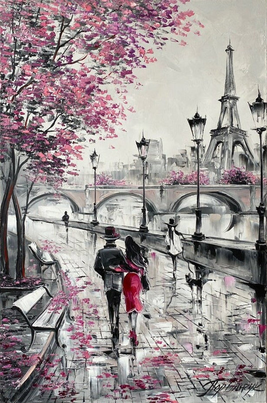 Couple Painting Love in Paris Original Oil Painting Pink Blossom Tree Wall Art Canvas Romantic Decor Eiffel Tower Art Pink Paris Wall Art