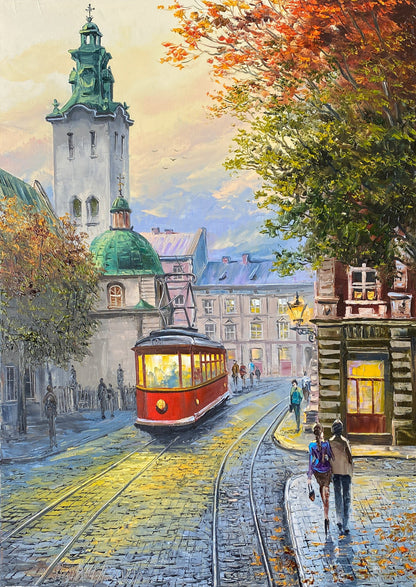 Europe Cityscape Painting Original Large European Wall Decor City Art Work Living Room Wall Art Fall Evening in Old Town Lviv Oil Painting