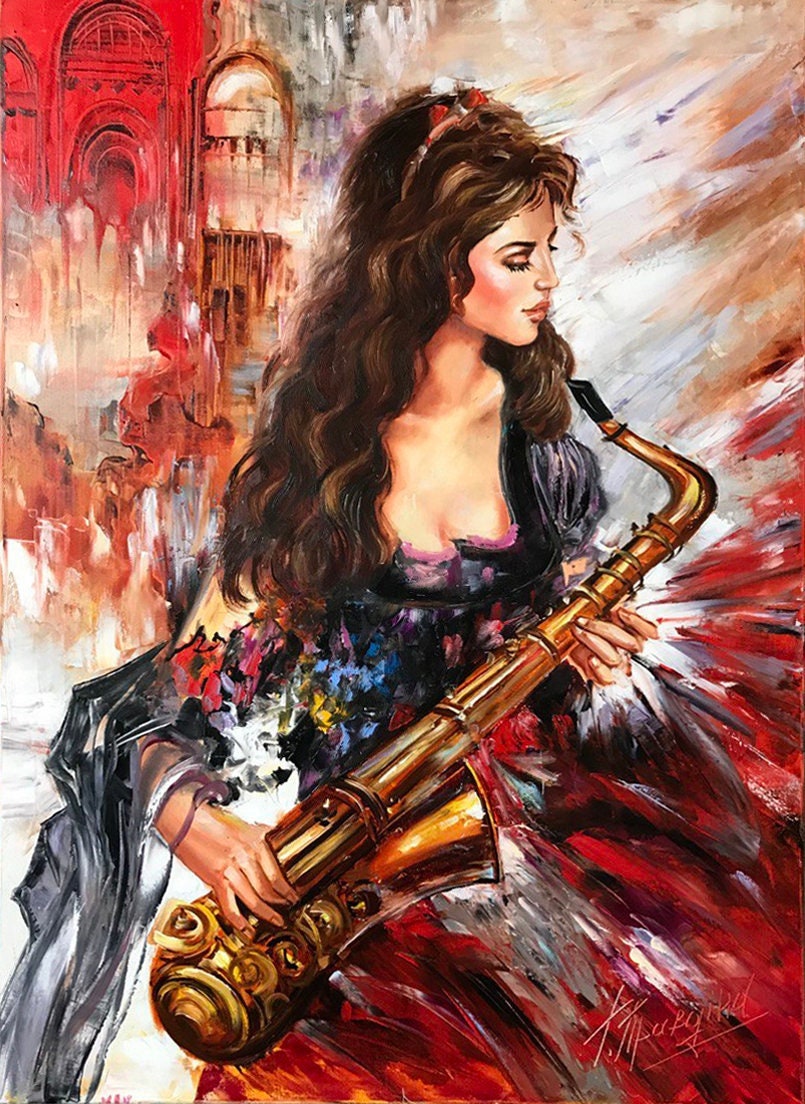 Large Abstract Saxophonist Player Painting Jazz Music Art Canvas Modern Tenor Saxophone Gift Girl Playing Sax Oil Painting for Living Room