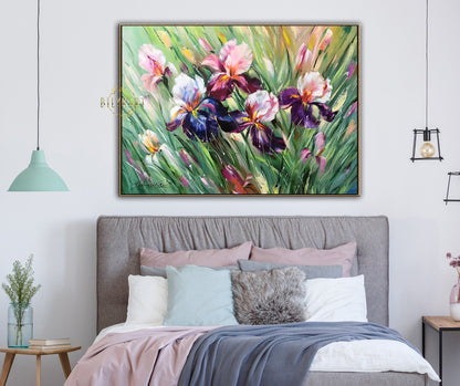 Iris Flowers Painting on Canvas Purple Flowers Oil Painting Original Iris Artwork Irises Painting Monet