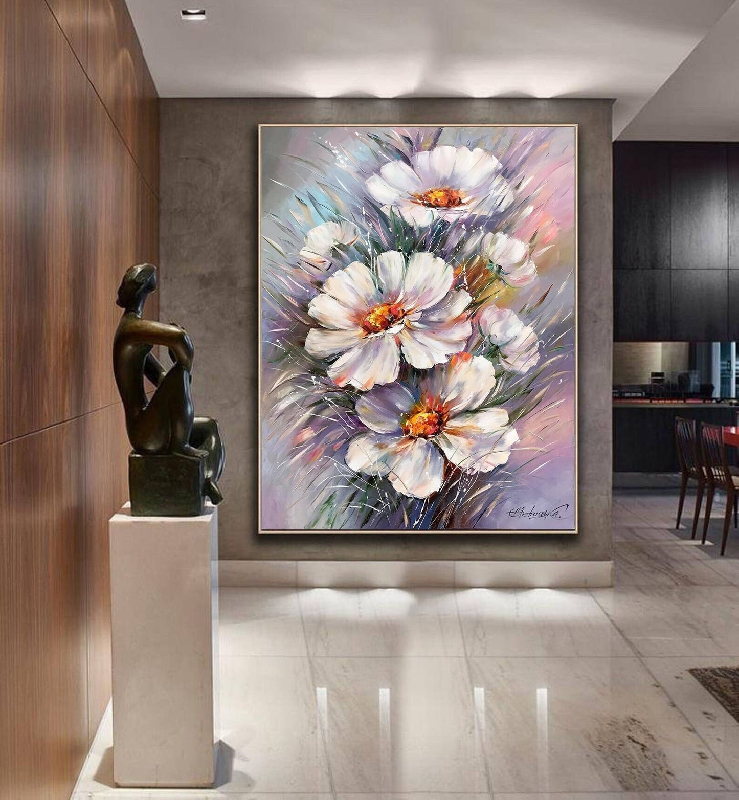 White Daisies Oil Painting Original Abstract Large Canvas Wild Flowers Wall Art Gerbera Daisy Gift Pink Purple Modern Floral Painting 36x48