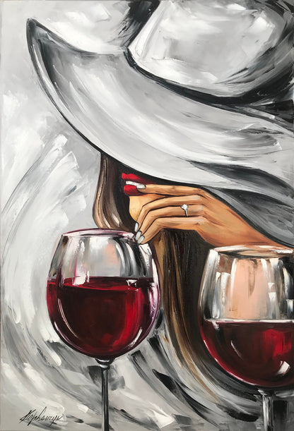 Wine Glasses Art Original Mysterious Woman Painting Red Lips Art Alcohol Painting Modern Room Decor Black Red Wall Art Wine Bar Art Decor