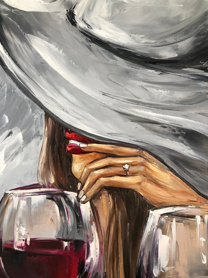 Wine Glasses Art Original Mysterious Woman Painting Red Lips Art Alcohol Painting Modern Room Decor Black Red Wall Art Wine Bar Art Decor