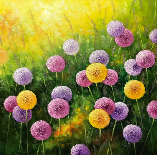 Dandelions Painting Original Wildflowers Painting Floral Meadow Wall Art Color Field Painting Sage Green Decor Dandelion Oil Painting 36x36