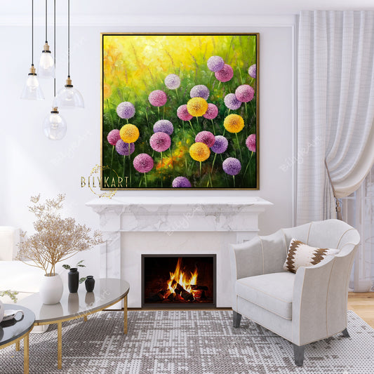 Dandelions Painting Original Wildflowers Painting Floral Meadow Wall Art Color Field Painting Sage Green Decor Dandelion Oil Painting 36x36