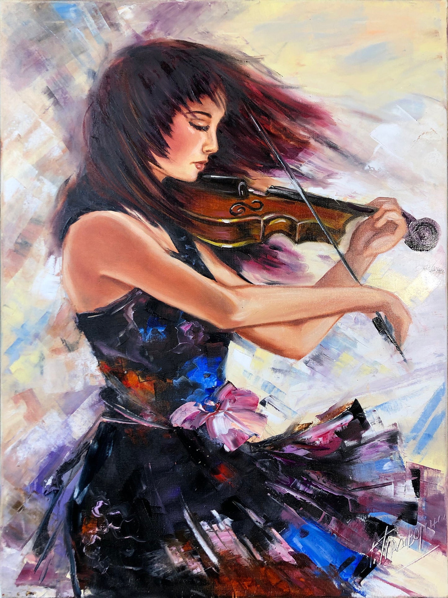 Beautiful Girl Playing Violin Oil Painting Original Violinist Art Violin Lover Gift Dark Blue Painting on Canvas Modern Music Studio Decor