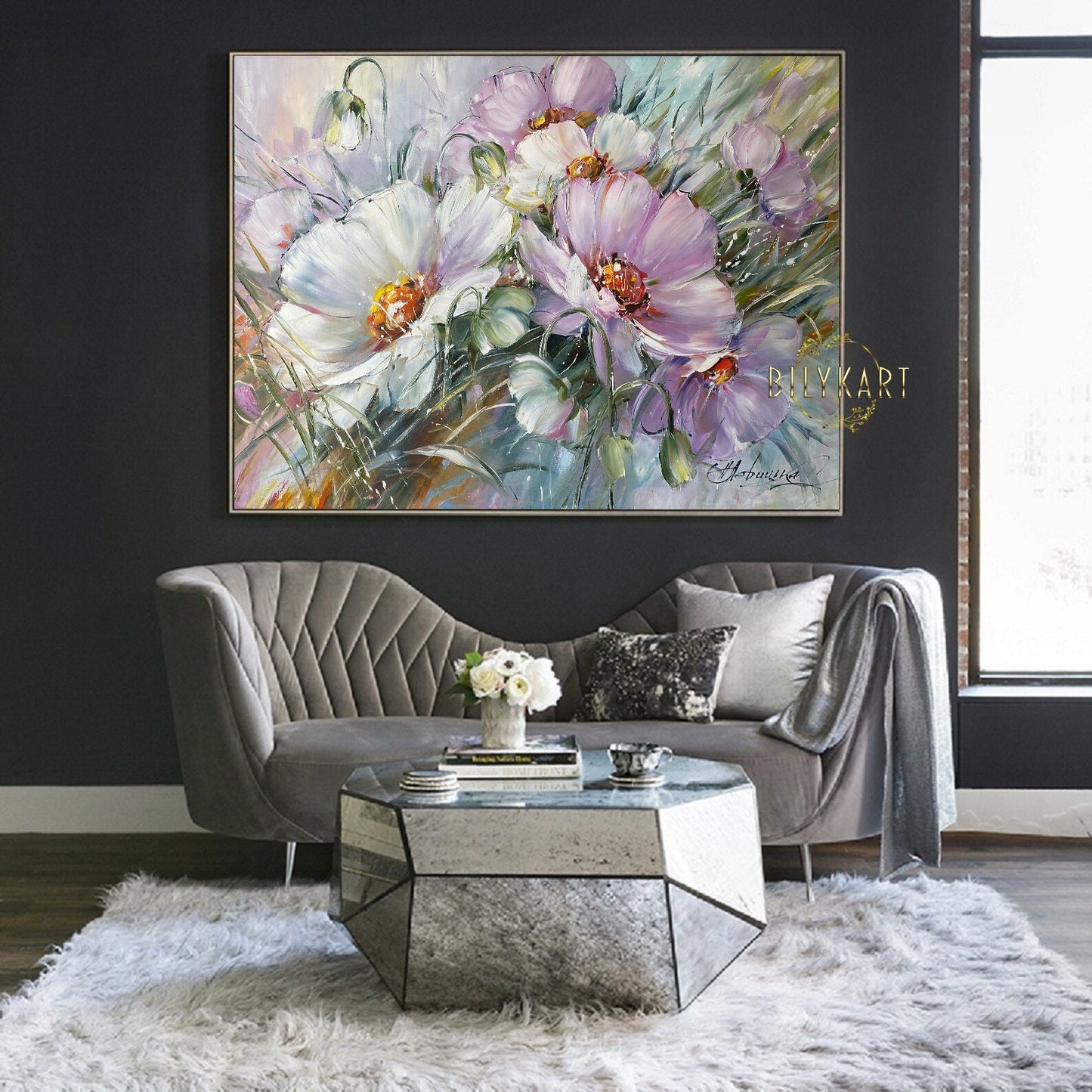 Large Flowers Oil Painting Original Daisy Wall Art Saga Green Purple Dining Room Decor Above Bed Art 40x30 Realistic Flower Daisy Painting