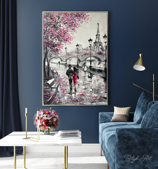 Couple Painting Love in Paris Original Oil Painting Pink Blossom Tree Wall Art Canvas Romantic Decor Eiffel Tower Art Pink Paris Wall Art