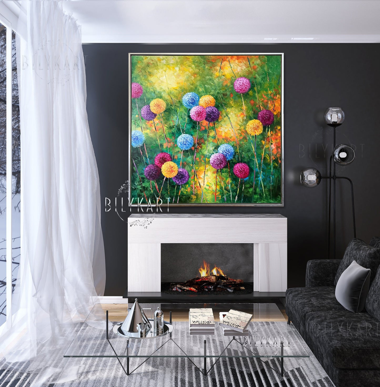 Dandelion Flowers Oil Painting Extra Large Wall Art Wildflowers Painting Master Bedroom Decor Grass Painting Field of Flowers Big Painting