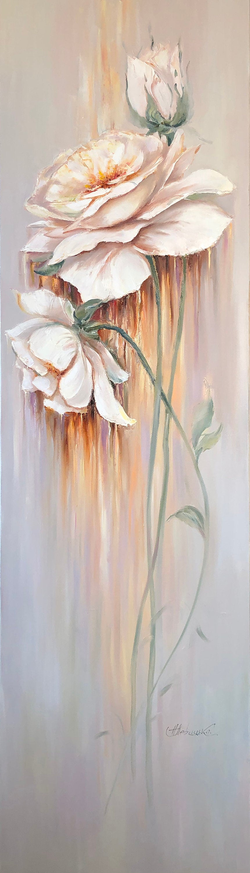 Long Narrow Wall Art Large Roses Flowers Oil Painting Tall Wall Art Pastel Colors Flowers Painting Long Painting Vertical Narrow Wall Decor