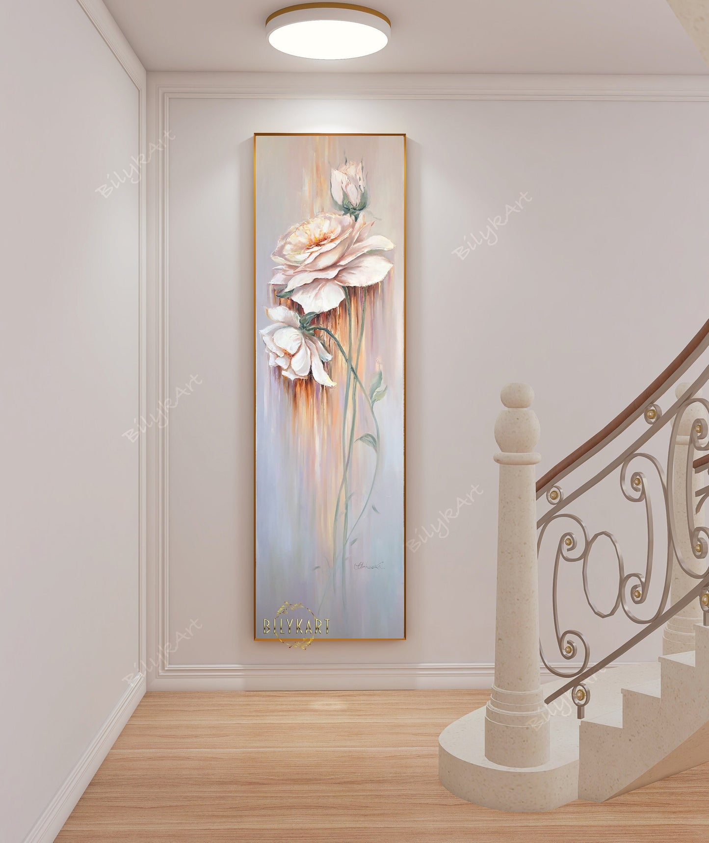 Long Narrow Wall Art Large Roses Flowers Oil Painting Tall Wall Art Pastel Colors Flowers Painting Long Painting Vertical Narrow Wall Decor