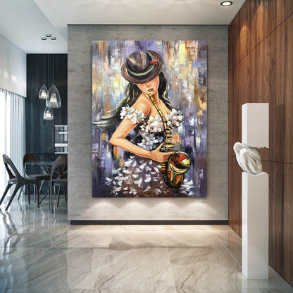 Jazz Painting Original Sax Player Wall Art Girl in Hat Painting Music Fan Gift Musician Artwork 24x36 Modern Saxophone Woman Oil Painting