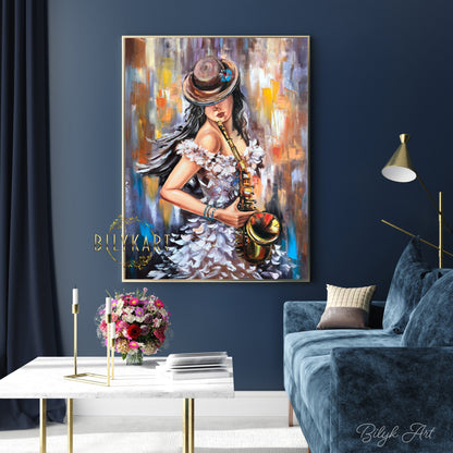 Saxophone Painting Jazz Music Art Original Female Oil Painting Woman in Hat Painting Music Player Gift Saxophonist Abstract Gold Painting