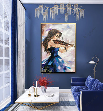 Beautiful Woman with Violin Oil Painting Abstract Girl Wall Art Young Lady Gift Music Art Luxury Painting Royal Blue Wall Art Musician Decor