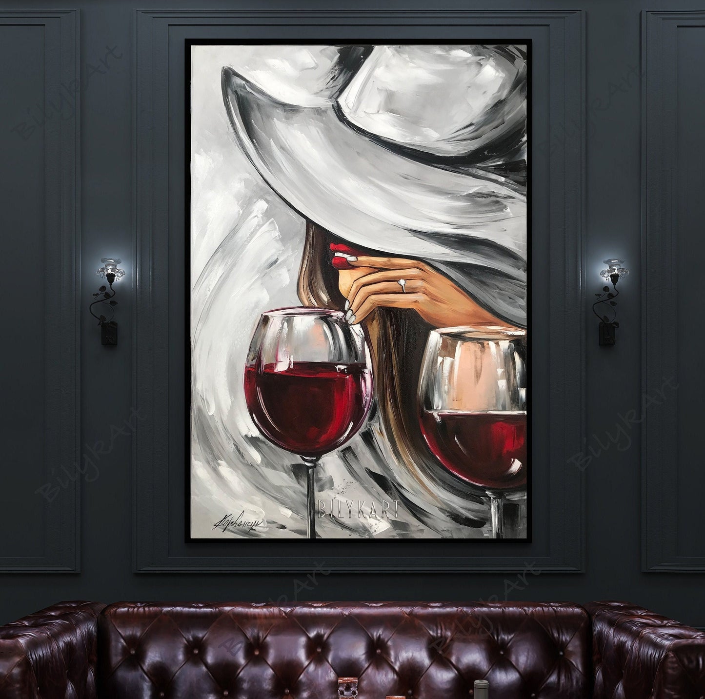 Wine Glasses Art Original Mysterious Woman Painting Red Lips Art Alcohol Painting Modern Room Decor Black Red Wall Art Wine Bar Art Decor