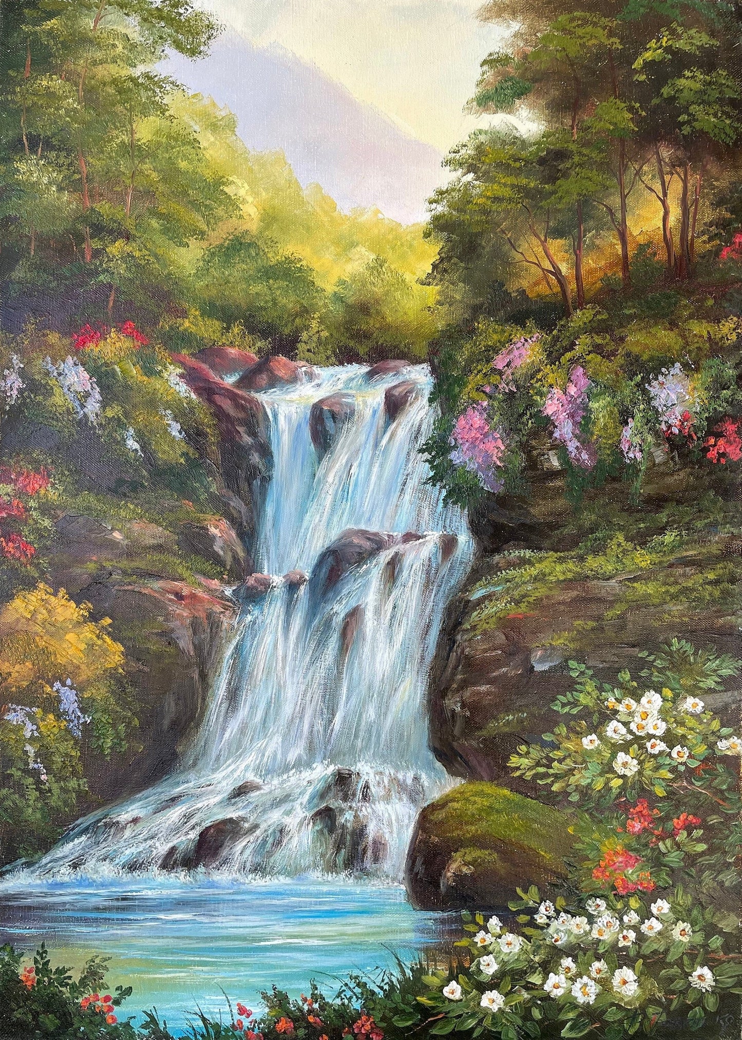 Tropical Waterfall Original Painting on Canvas Landscape Wall Art 100% Hand Painted Oil Painting Framed Forest Art Decor Paradise Painting