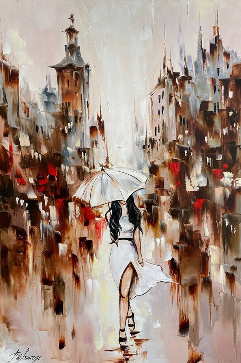 Abstract Girl with Umbrella Painting on Canvas Rainy City Abstract Oil Painting Original Woman Holding Umbrella Wall Art Rainy Day Painting